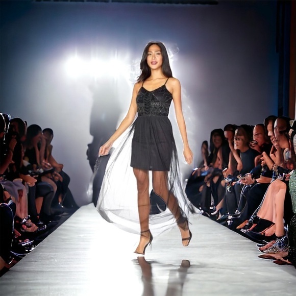 NEW Lace & Beads Black Prom Dress Mini Cocktail Dress Maxi Over Skirt Size XS - Picture 1 of 11